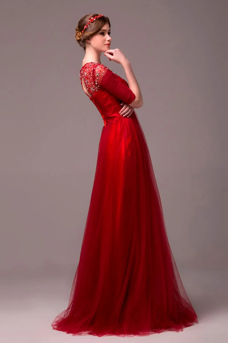 Sarahbridal, Элегантное Длинное Красное Свадебное платье, роскошное, с кристаллами, с бусинами, сексуальное, с вырезом, винтажное, свадебное платье с рукавами