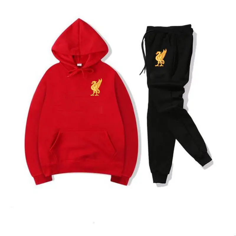Red black Спортивный костюм, модная спортивная одежда, комплект из двух предметов, хлопковая флисовая толстовка с капюшоном+ штаны, спортивный костюм для мужчин - Цвет: Red black