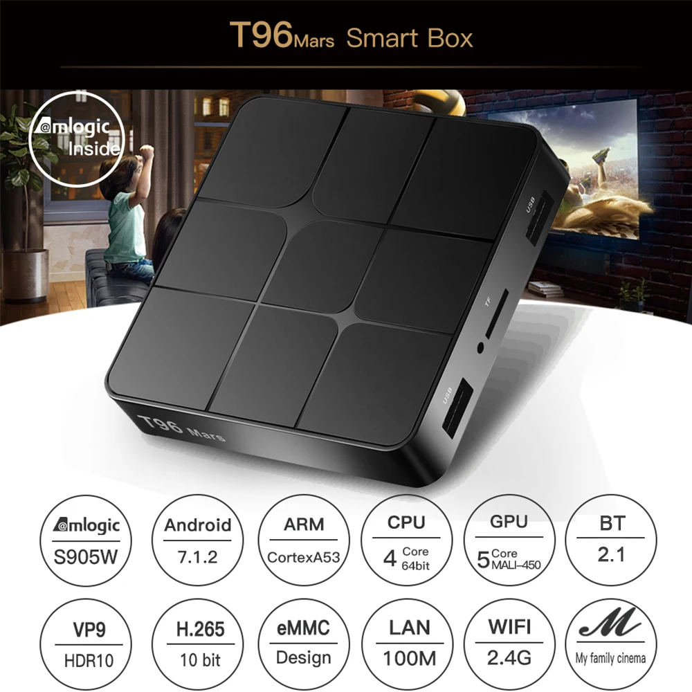T96 Mars Smart Android 7.1.2 ТВ коробка Amlogic S905W четырехъядерный H.265 HDR10 2 ГБ/16 ГБ ТВ коробка Full HD 1080P WiFi LAN HD медиаплеер