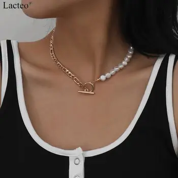 

Lacteo Bohemian Imitation Pearl Metal Chain Choker Necklace Jewelry for Women Circle Stick Button Statement Pendant Necklace