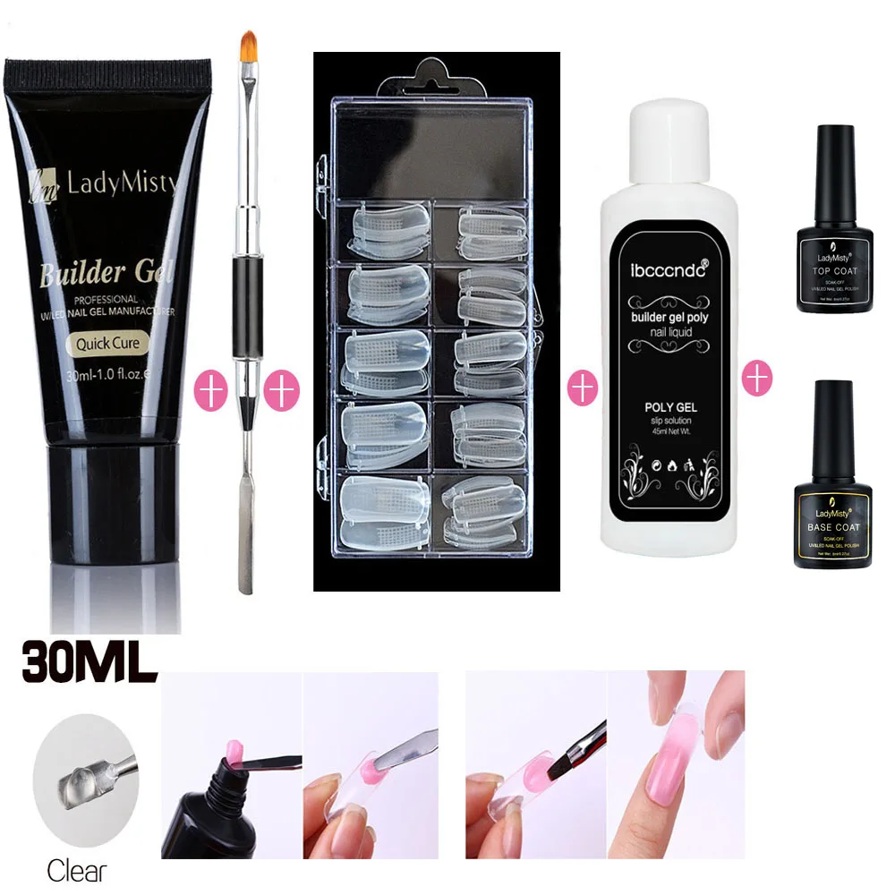 30ML Clear Set LadyMisty полирасширительный гель Наборы прозрачный дизайн ногтей камуфляж цвет кончик для ногтей Форма Кристалл УФ-гель светодиодный акриловый строительный гель для ногтей - Цвет: 30ML Clear Set