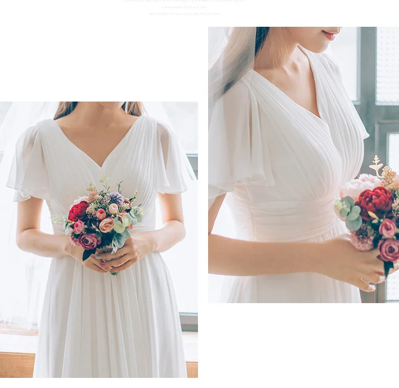 Cheap Chiffon Boho Wedding Dress Elegant A Line V Neck Flare Sleeve Long Pleats Beach Bridal Gown 2020 Robe De Mariee