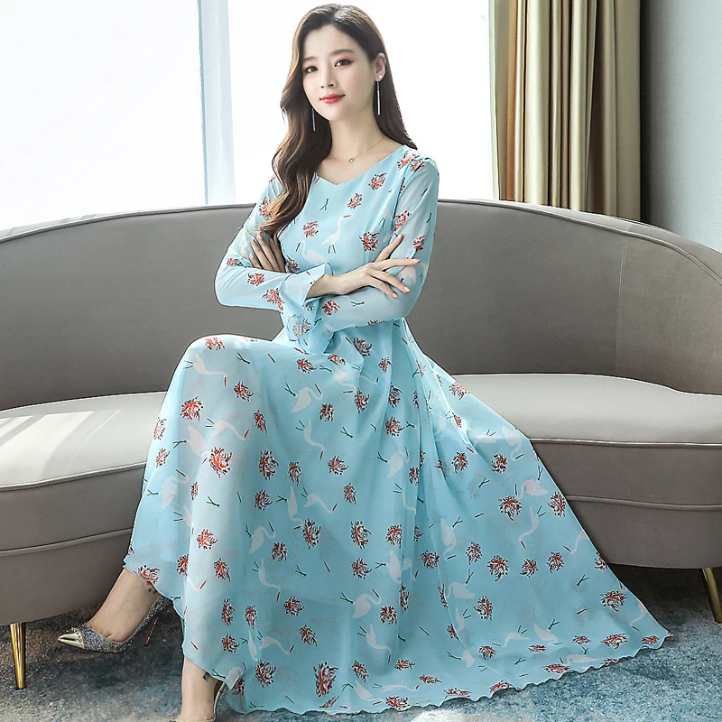 

2175# 2019 Autumn Plus Size New Women Fashion Long Sleeve O-neck Chiffon Floral Printed Maxi Dress Casual Dress Female Vestidos