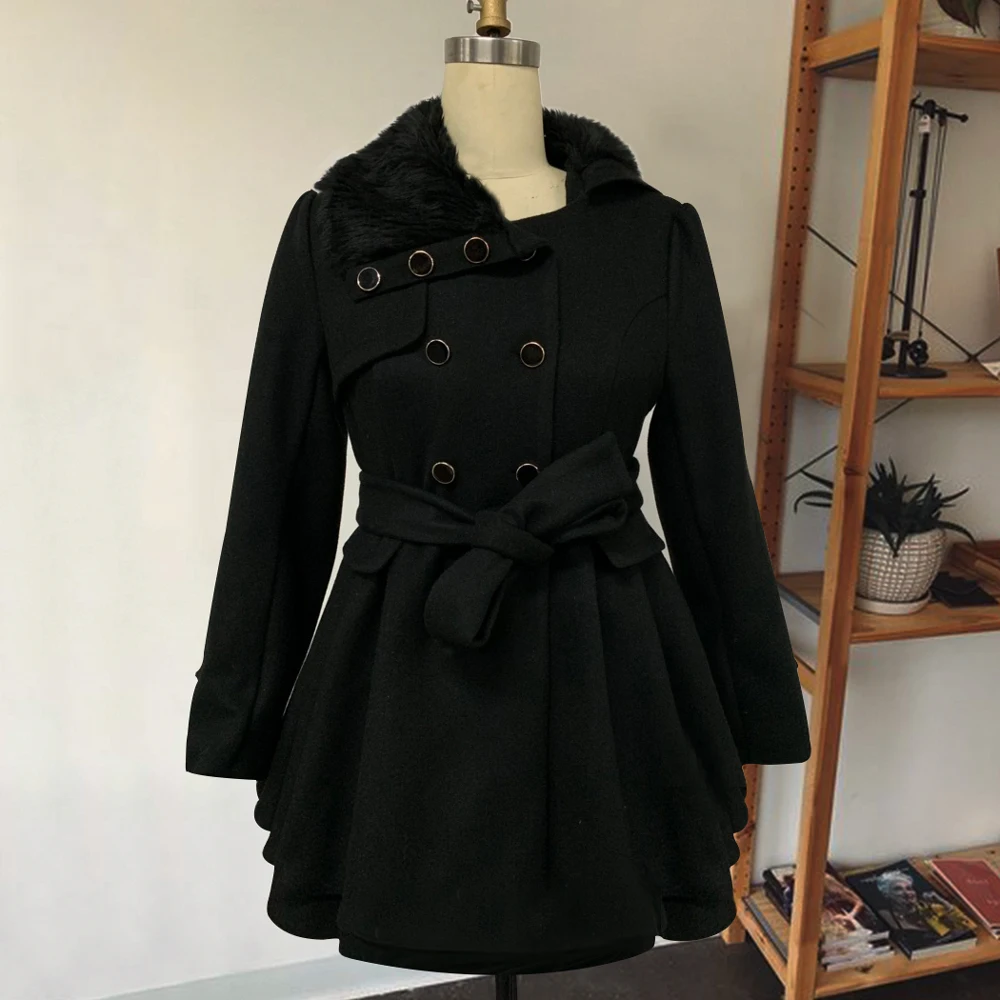 Черное Женское шерстяное пальто винтажное английское шерстяное Женское пальто большого размера плюс модное пальто с воротником из искусственного меха