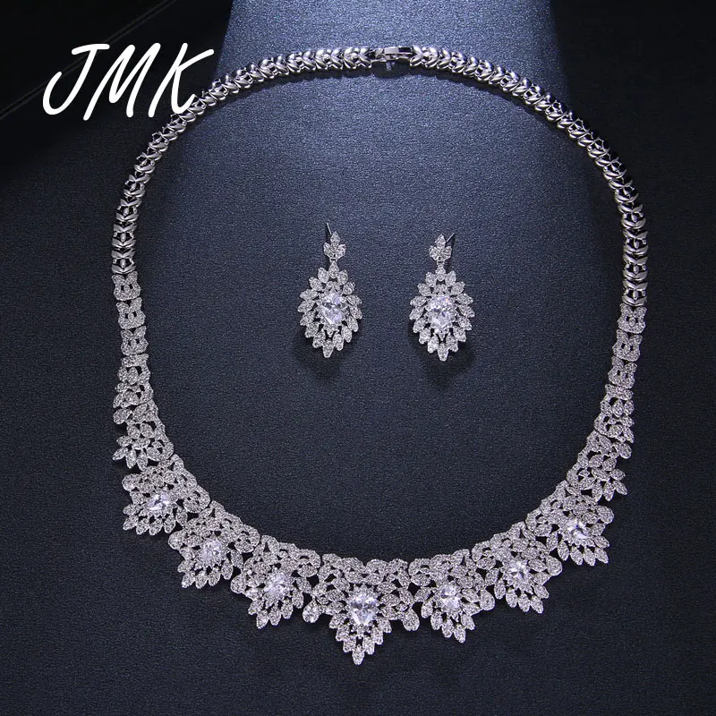 

JMK Luxury African Fashion Zircon Silver Jewelry Sets Of Earrings And Necklace Exaggerated For Wedding Bridal Women Party Gift