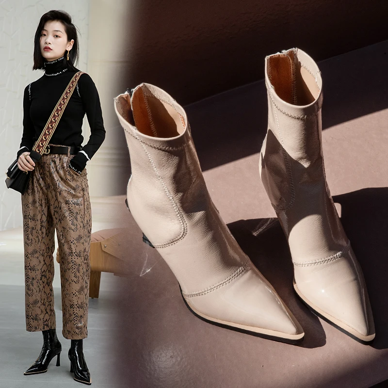 

2020 spring and autumn new leather pointed female thin heel elastic boots zipper high heel thin and thin boots X033