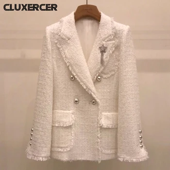 

Spring Autumn Tweed Blazers And Jackets Women Elegant Double Breasted Tassel Suits Coat Female Tops Elegant Office Blazer Female
