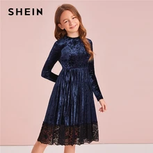 SHEIN/детское однотонное бархатное плиссированное платье с кружевным подолом и воротником-стойкой для девочек осенние платья средней длины с высокой талией и длинными рукавами