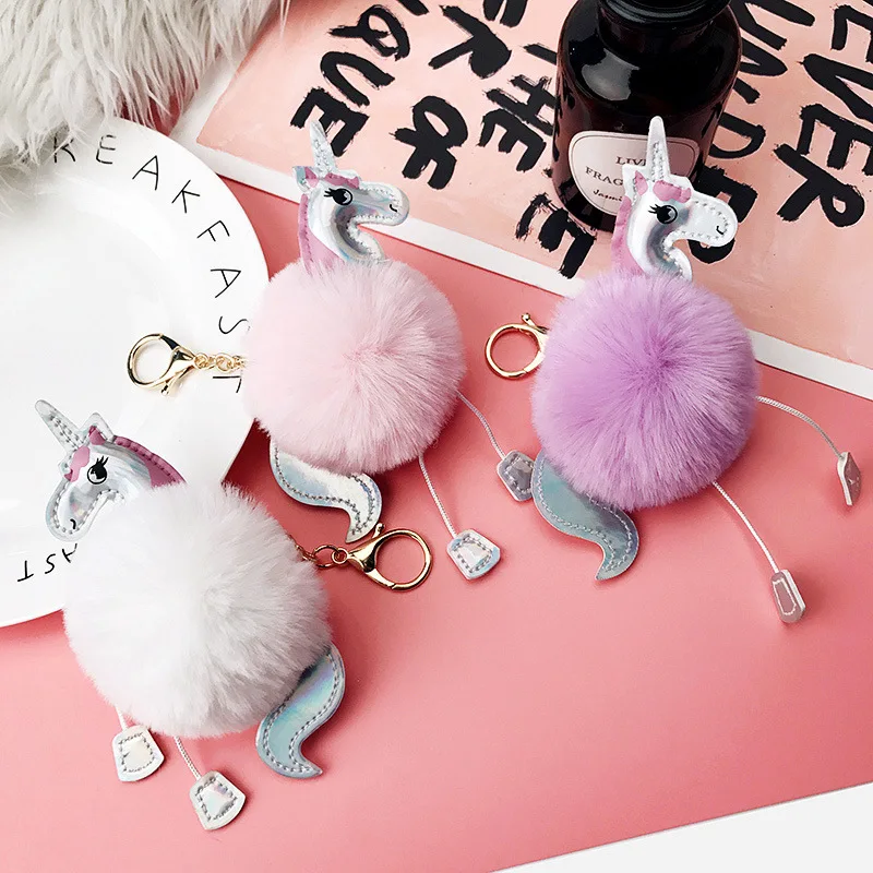 Faux Fur fluffy Keychain Keyring & Unicorn Charm Pom Pom great for bags and keys 