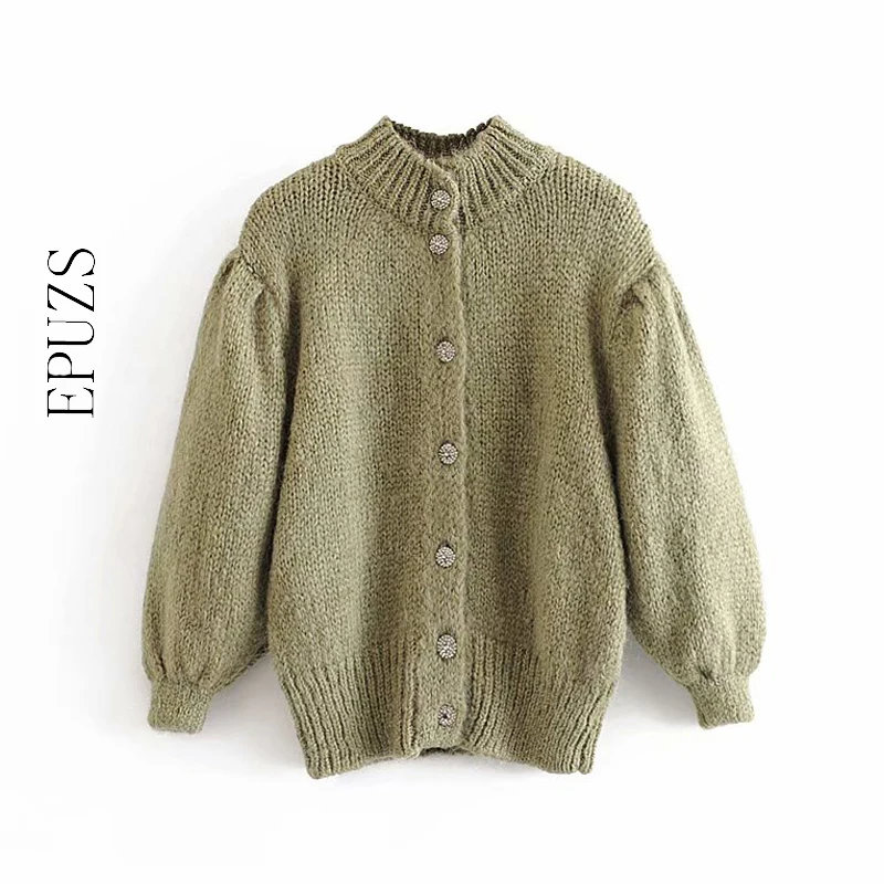 Зимний зеленый Укороченный кардиган Женский вязаный свитер повседневный