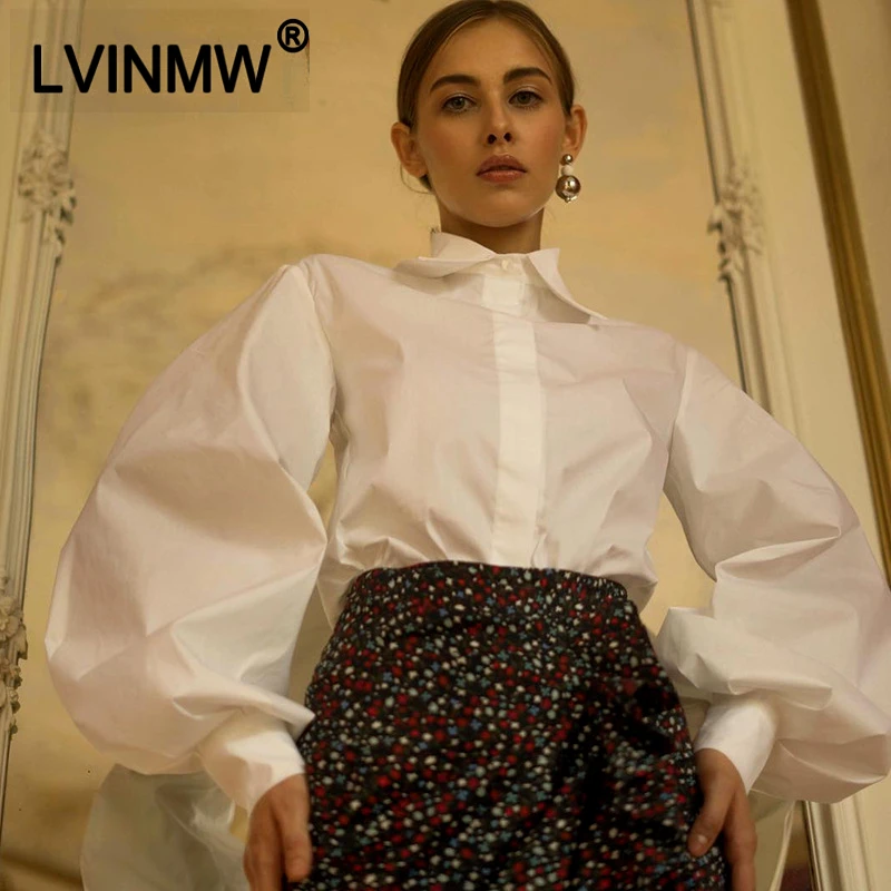 LVINMW, сексуальная Лоскутная Свободная блузка с v-образным вырезом, рукавом-фонариком, Осень-зима, Женская однотонная Модная тонкая рубашка, женская уличная одежда