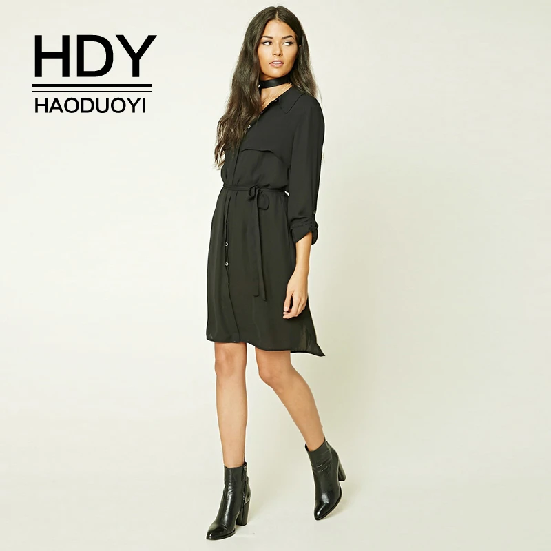 HDY Haoduoyi Новая летняя индивидуальная однотонная Сексуальная Повседневная Свободная классическая простая Талия галстук с длинным рукавом рубашка воротник плиссированное платье