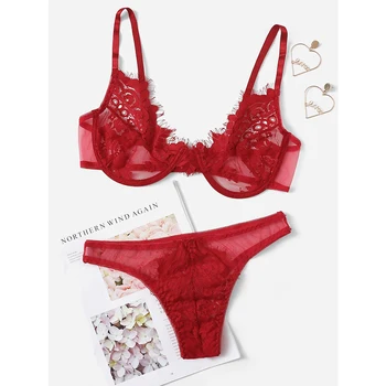 

1Set Ladies Sexy Lingerie Lace Babydoll Bra Set Embroidered Breathable Bralette Tops Bra G-string Thong Underwear Sexy Panties