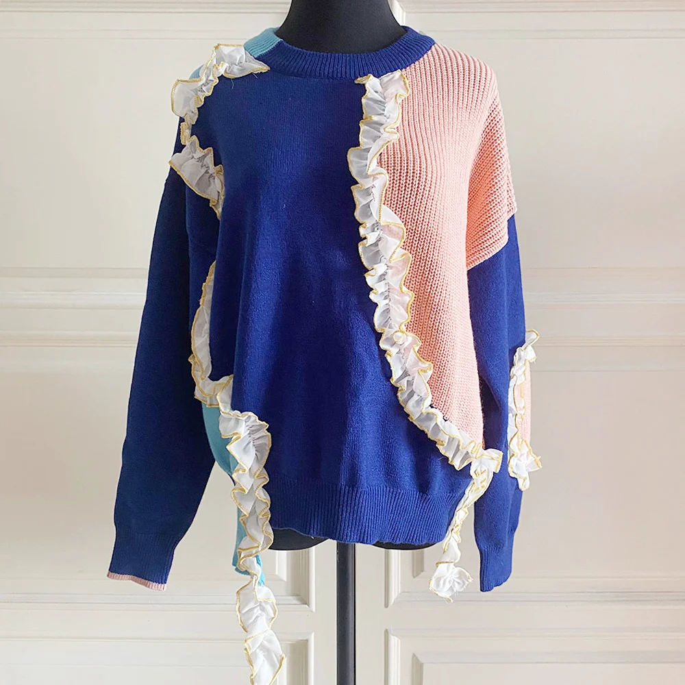 

French Original Design Retro Style Stitching Contrast Sweater Women Oversized Wooden Ears Irregular Round Neck Knitted Top