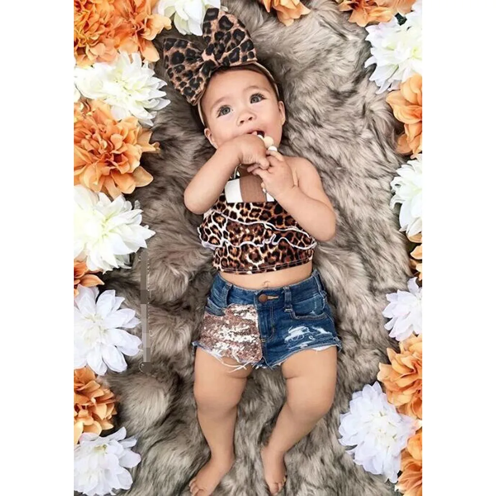 Toddler Kids Baby Girls Leopard Ruffle Vest Sequins Denim Shorts Summer Outfits Casual Sleeveless Set Clothes детская одежда |
