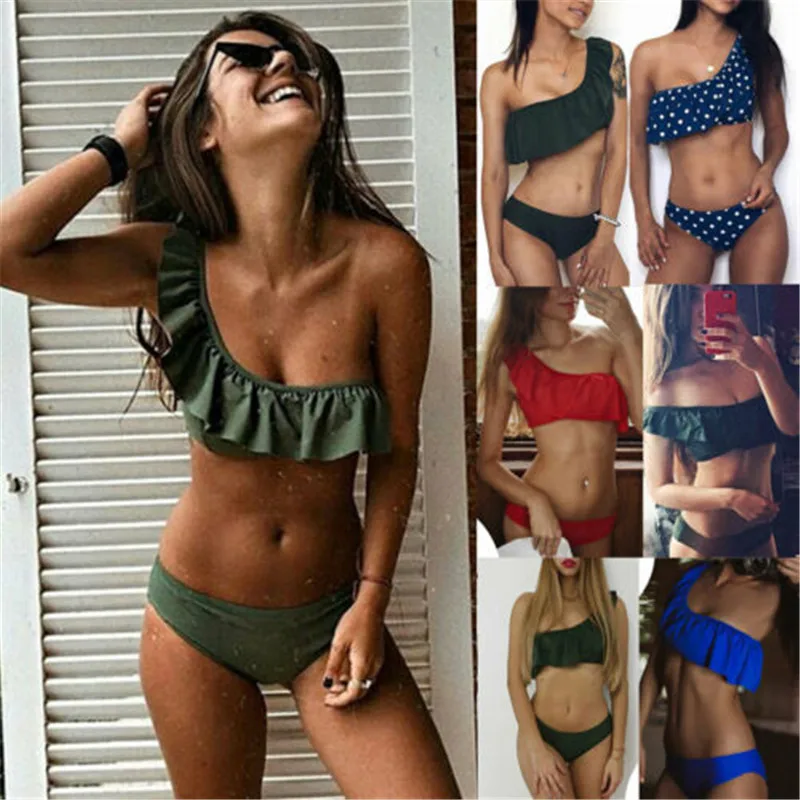 

Sexy One Shoulder Bikini 2019 Summer Two Piece Swimsuits For Women Ruffle Solid Dot Print Swimwear Swimming Suits Lady Beachwear