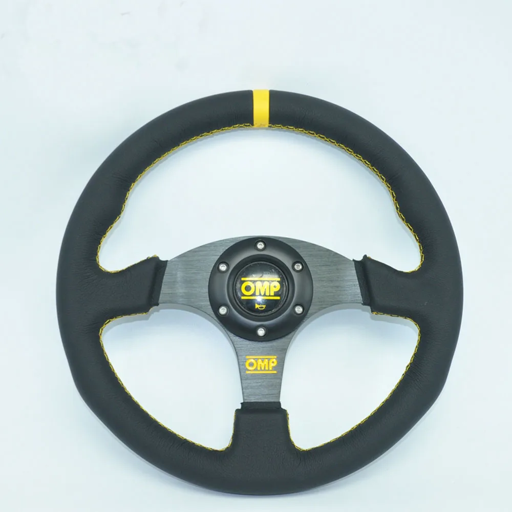 

Universal 13" (330mm) For OMP Racing Steering Wheel leather Suture yellow line game flat Steering Wheel Come with horn button