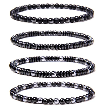 4 mm Natural Hematite Bracelets Men Handmade Stretch Jewelry Slice Black Stone Beads Charm Bangle Women Balance Pulsera Gifts