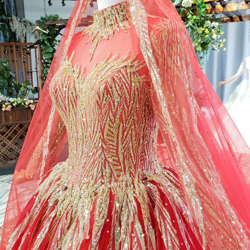 HTL795 muslim wedding dress with bridal veil beading pattern high neck long sleeves golden lace wedding gown red vestido novia 5