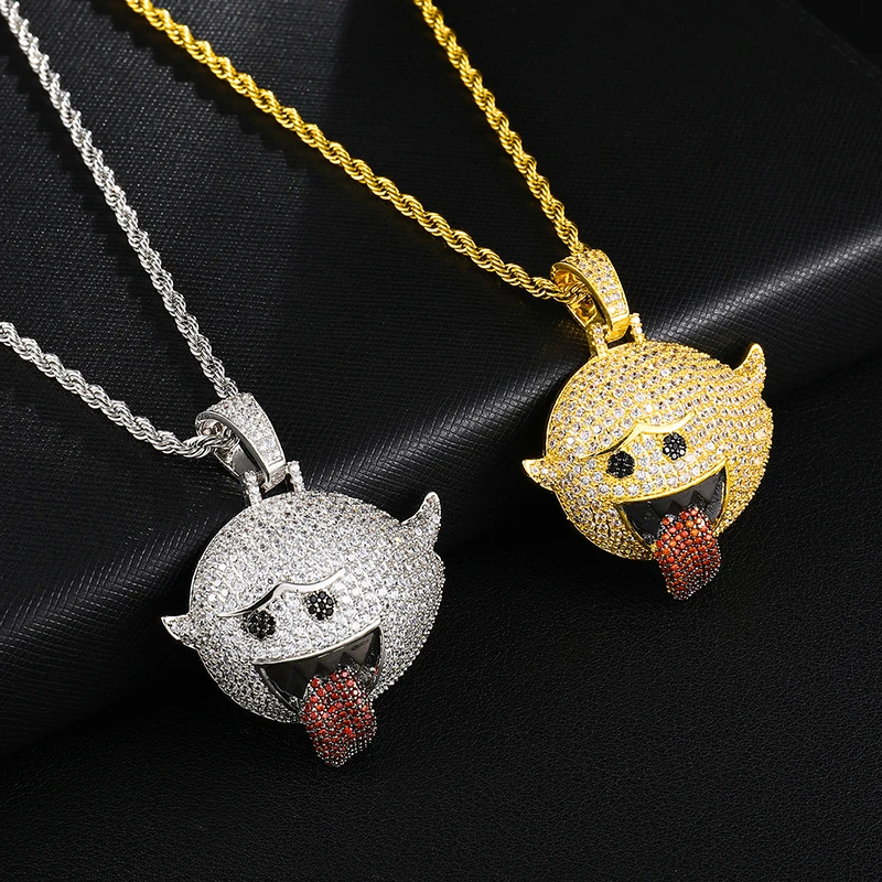 

Iced Out Bling CZ Zircon Micro Paved Flying Ghost Emoji Pendant & Necklace For Men Hip Hop Jewelry