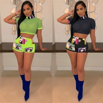 

hirigin 2020 Women Girls Mesh Sheer See Through T-shirt Crop Tops Short Sleeve T-Shirt High Waist Print Shorts Suits Tracksuits