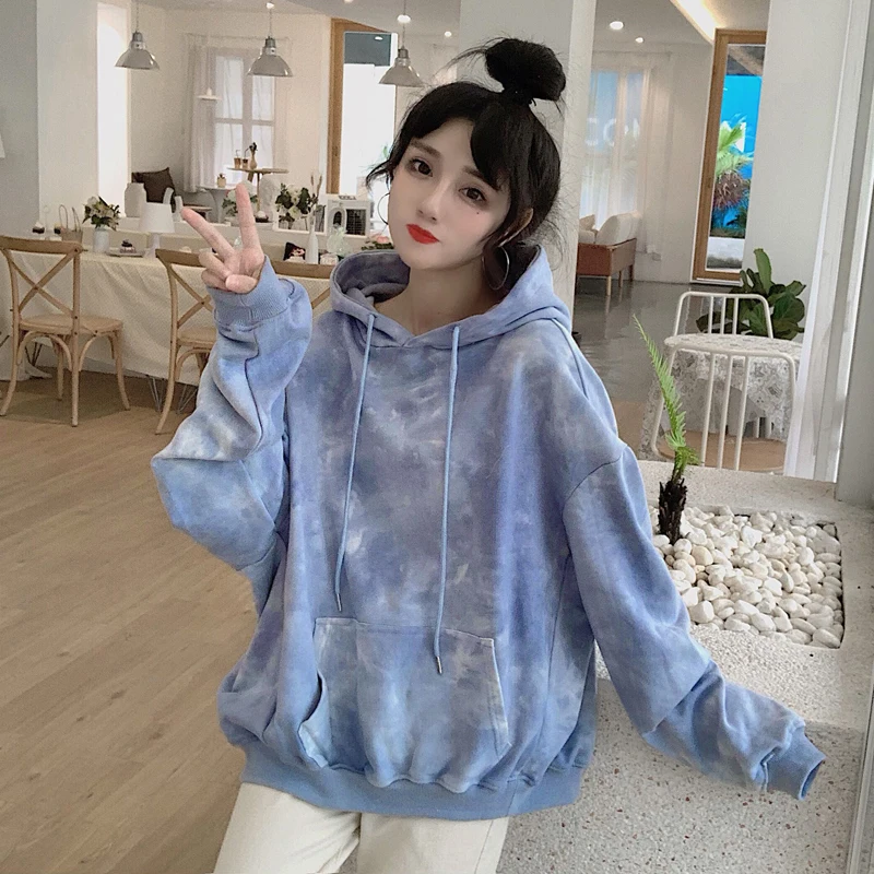Синий Корейские уличные милые синие толстовки KPOP галстук окрашенные Свободные Harajuku пуловер Tumblr Kawaii с длинными рукавами розовый свитер с капюшоном - Цвет: Синий