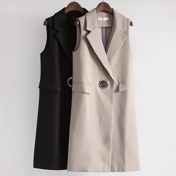 

Fashion New Women Midi Long Vests Spring Autumn Sleeveless Black Blazer Vest Coat Female V-Neck Waistcoat Jacket Outwear AB1651