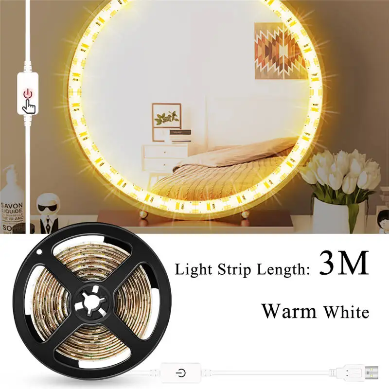 Косметический зеркальный светильник, светодиодная лампа с регулируемой яркостью, гибкое зеркало для ванной комнаты, водонепроницаемый светильник, USB, 5 В, туалетный столик, светильник с европейской вилкой - Испускаемый цвет: Warm White 3m