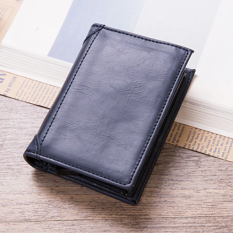 DIENQI мужской деловой кожаный держатель для карт металлический RFID карта Защита сумка для денег большая емкость карман для карт винтажный держатель для кредитных карт - Цвет: Blue