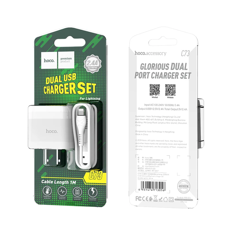 HOCO C73 20 шт./лот 5 в 2.1A USB зарядное устройство для iPhone 11 Xs Max US Plug настенное зарядное устройство адаптер для samsung Xiaomi huawei