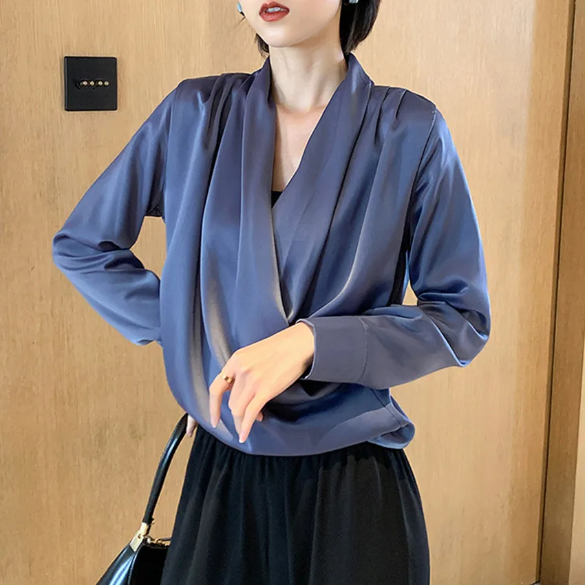 blue Корейская мода, Элегантная атласная Женская рубашка с длинным рукавом и v-образным вырезом, шелковая блузка, рубашки для девушек, офисная блуза для женщин - Цвет: blue
