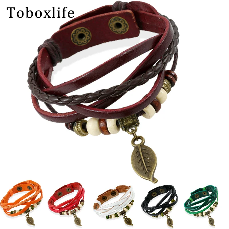 Toboxlife новый тканый ретро кожаный браслет с подвеской в виде листа аксессуары для