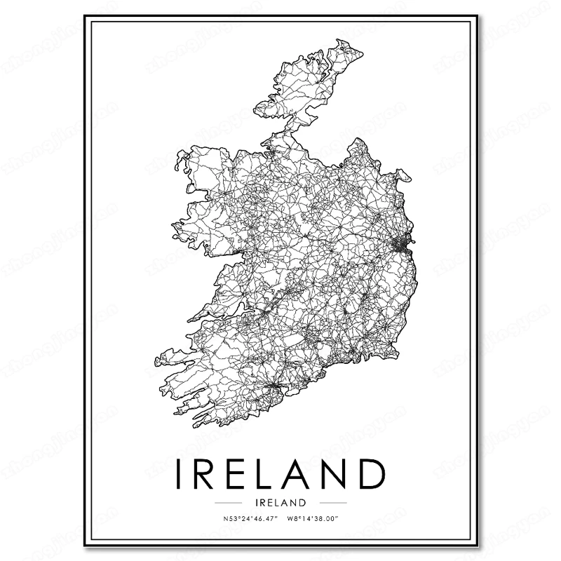 Ireland Map Printable Black And - Black And White City Map The Ireland Map Poster HD Print Wall Art Canvas Nordic Landspace 