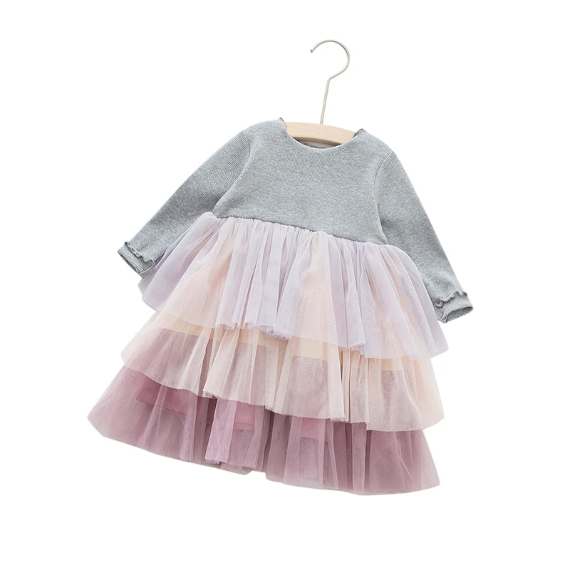 Милое Платье для девочек; осень г.; Детские платья с длинными рукавами для маленьких девочек; хлопковая сетчатая одежда для детей; многослойное платье принцессы