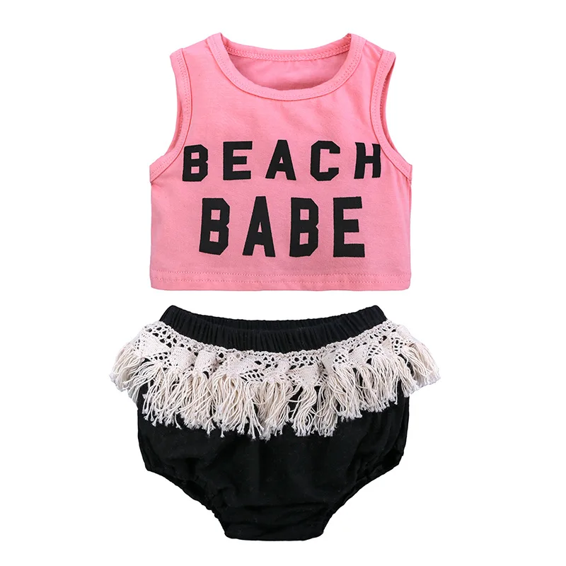 

Fashion BEACH BABE Print Baby Girls Clothes Sleeveless Pink Top+Shorts Sets of Children Baby Clohting Cotton Infant Newborn Set