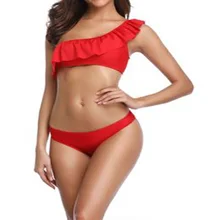 Новинка, сексуальный женский купальник, гофрированный, на одно плечо, два предмета, купальник для женщин, черный купальник, купальник для женщин