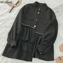 Woherb/женские блузки, топы, Повседневная рубашка с длинным рукавом, нерегулярные лоскутные рубашки с оборками, черные офисные Блузы с воротником-стойкой