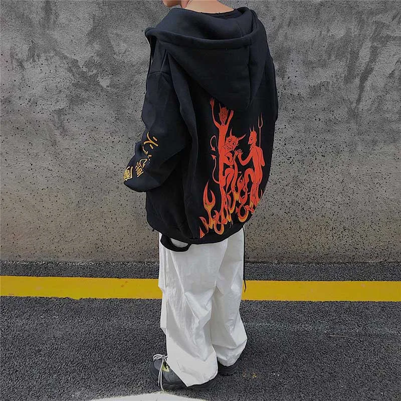 NiceMix Harajuku street Ghost print плюс бархатные теплые толстовки осень зима свободные с капюшоном на молнии Толстовка для женщин и мужчин верхняя одежда