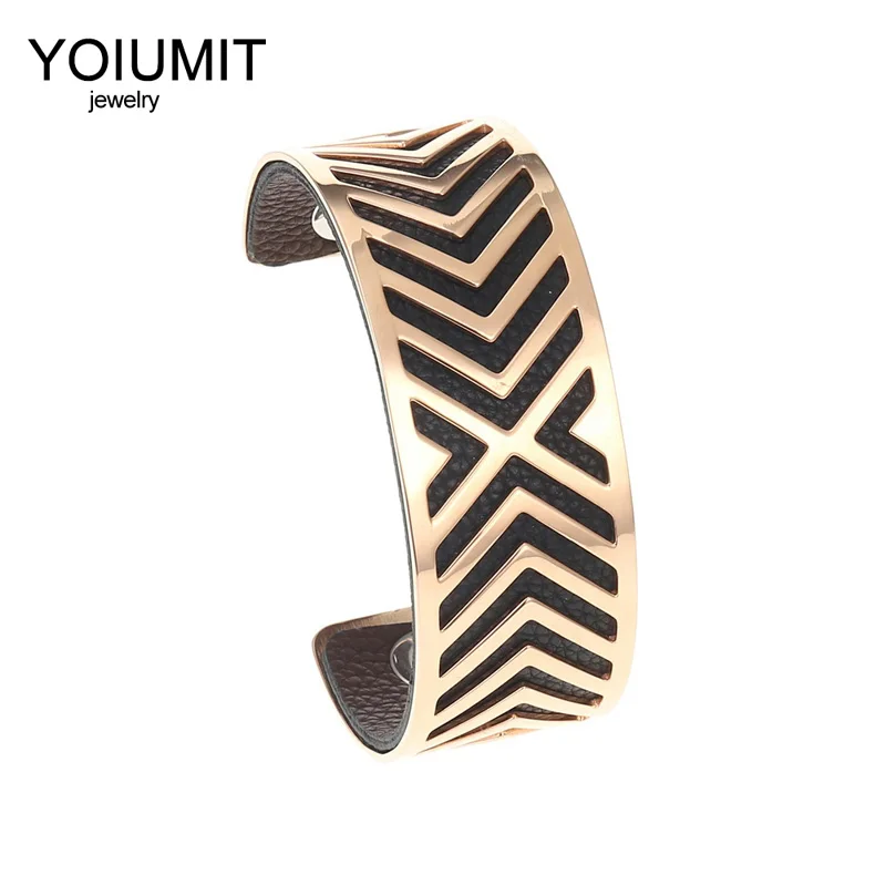 Браслет манжета из нержавеющей стали двусторонняя кожа|Браслеты| |