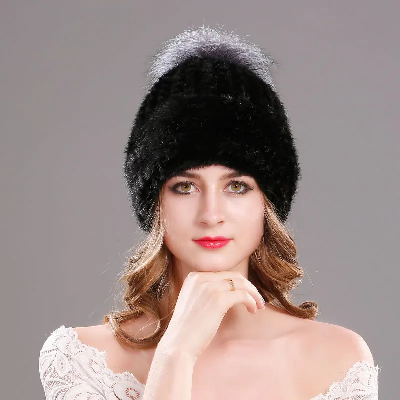 

Mink Fur Cap Knitted Hats With Fox Hair Ball Winter Women Beanies 100% Natural Genuine Fur Caps Russian Hat Cap For Women
