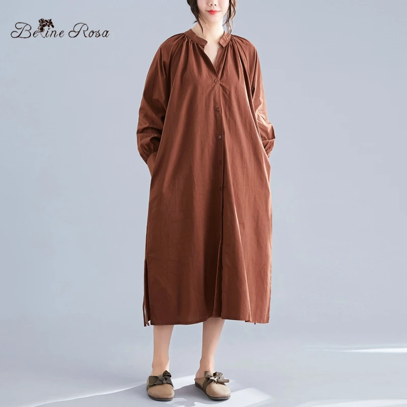 

BelineRosa Loose Oversized Style Women's Blouse Dresses Side Slit Simple Pure Color Autumn Dresses YYBW0005