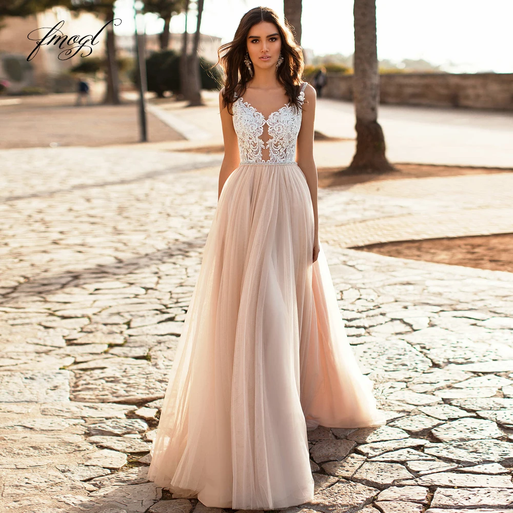 

Fmogl Vestidos De Noiva Sweetheart Illusion Beach Wedding Dresses Luxury Sweep Train Appliques Beaded Vintage Bride Gown