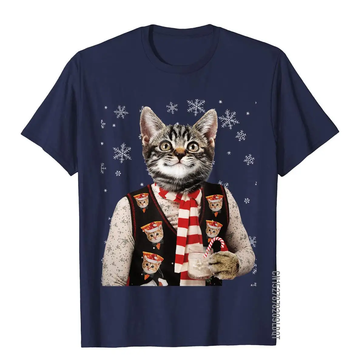 Hipster Cat Wearing Pizza Cat Sweater Funny Christmas T-Shirt__B8905navy