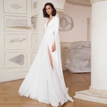 High Slit Deep V Neck White Chiffon Wedding Dresses Floor-Length 2022 Fulle Sleeve Dress Zipper Back Bridal Gowns Robe De Marié