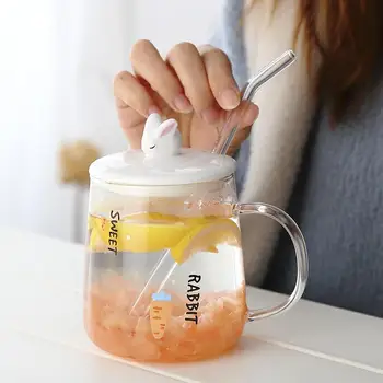

Girl Cute Glass Cup with Spoon Lid Transparent High Capacity Milk Juice Beer Cup Student Home Container Gifts for Girls MM60BLB