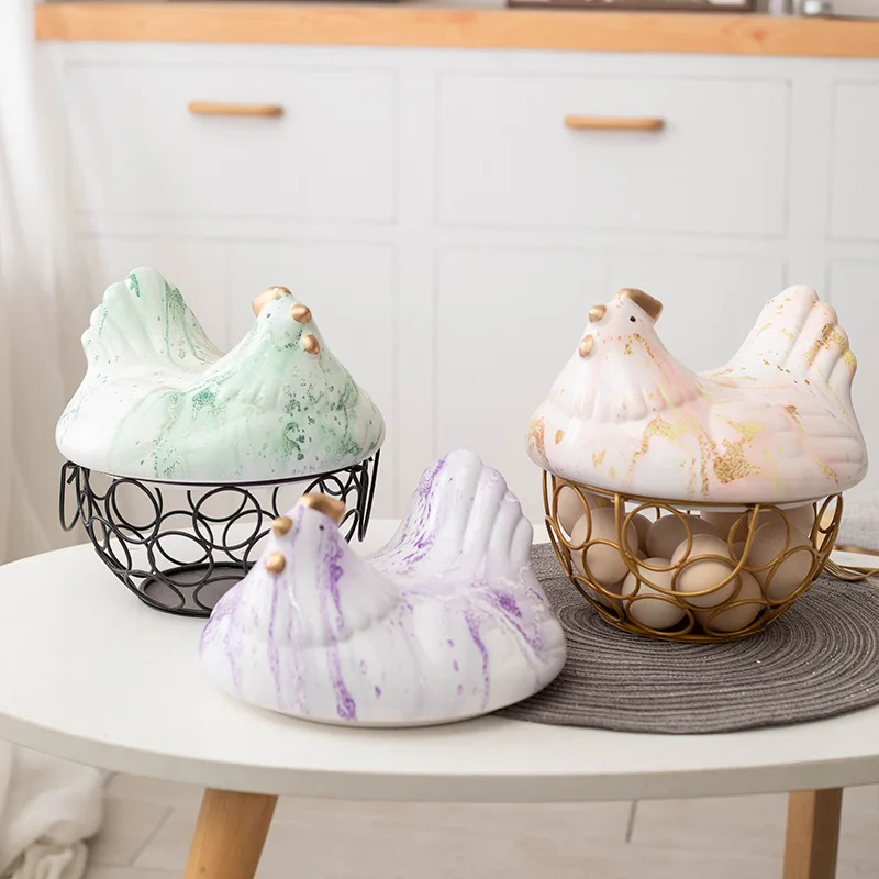 

Ceramic Egg Holder Handle, Metal Chicken Ornament, Home Decorative Fruit Storage Basket Box, Wicker Storage for Kitchen Organize