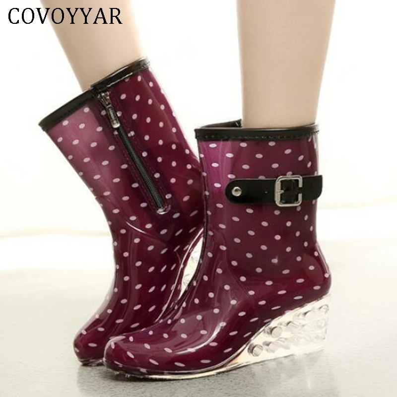 

COVOYYAR 2019 Wedge Women Rain Boots Waterproof Transparent Heel Ankle Booties Short Dot Floral Jelly Woman Shoes 8styles WBS093