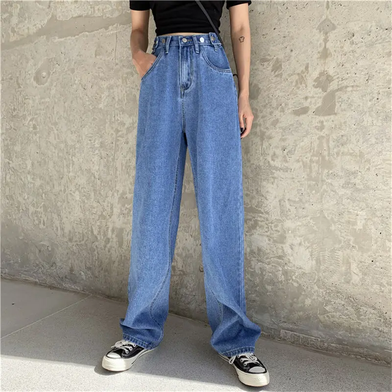 HziriP Autumn Straight High Street Blue Plus Size New High Waist Loose Thin Jeans Full-Length Denim Wide Leg Trousers