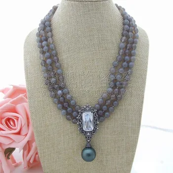 

N032609 18" 3 Strands Gray Necklace CZ Sea Shell Pearl Pendant