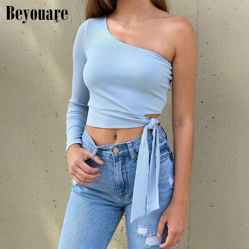 

Beyouare Autumn Sexy Elegant Women T Shirt Skew Collar Long Sleeve Bandage Crop Top 2020 Solid Slim Skinny Nightclub Female Tee